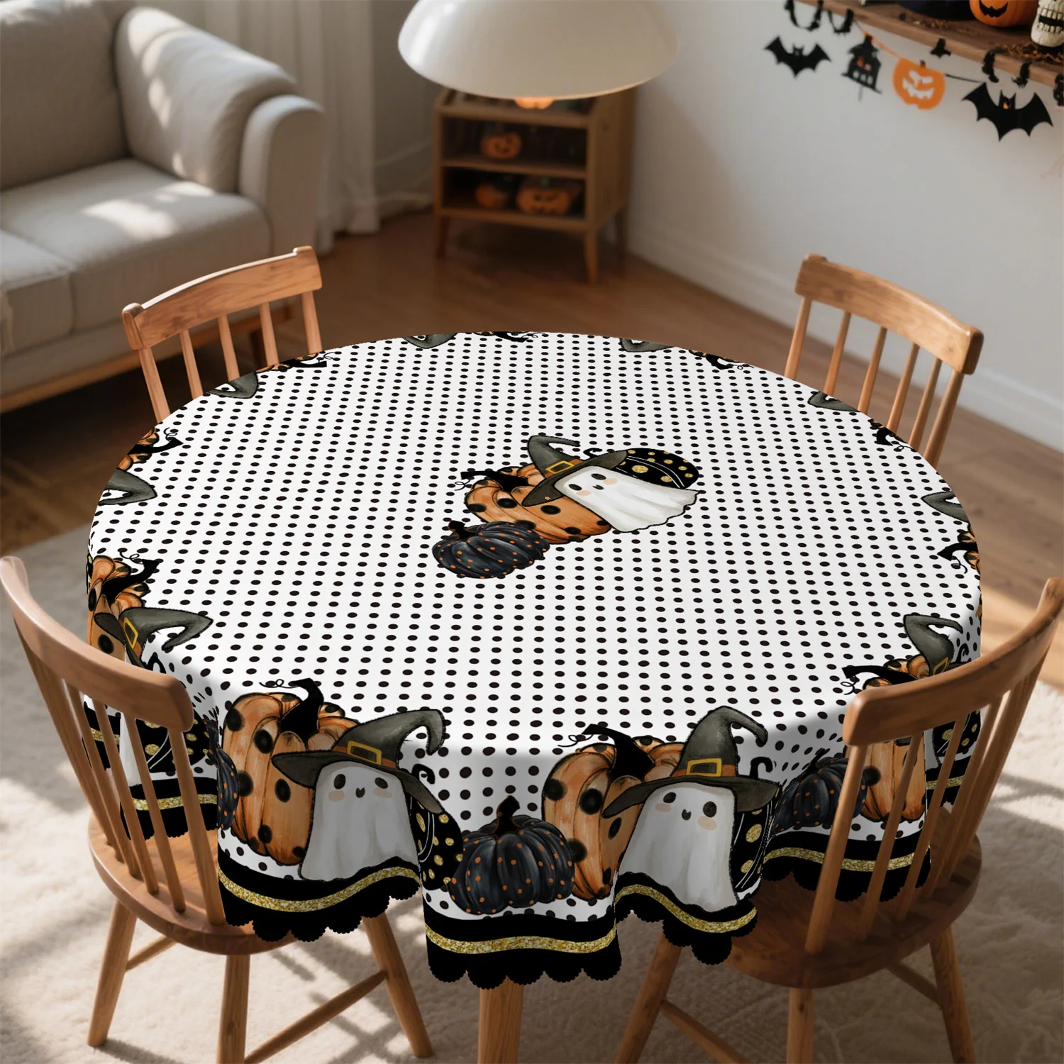 Striped polka dot pumpkin ghost witch hat Halloween tablecloth - 1 pack - suitable for kitchenzyc