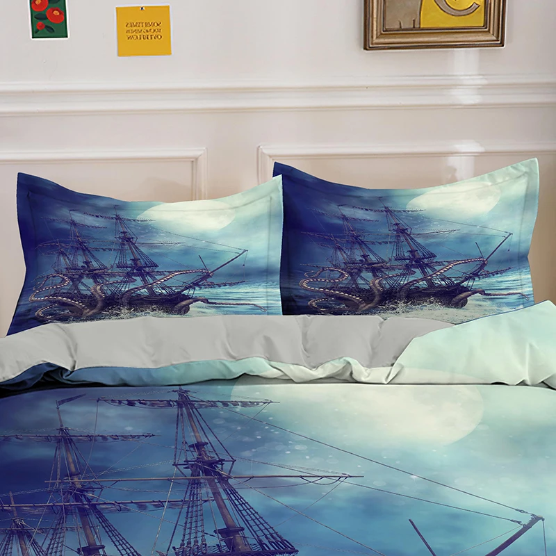 Blue Ocean Bedding Set Boat Octopus Duvet Cover Set Kids Bedding Single Twin Queen King Size Bedding Sets Personalized Bed Set