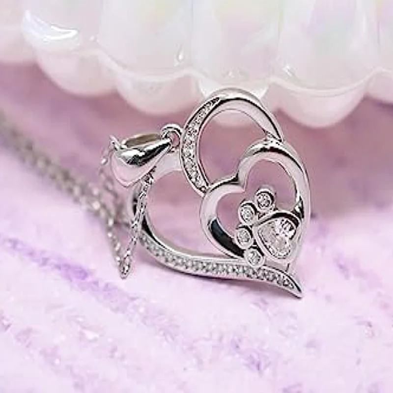 Huitan Trendy Doppelherz-Damen-Anhänger-Halskette mit Pfotenabdruck in Form eines hellen CZ für Hochzeit, Verlobung, Party, ausgefallene Accessoires