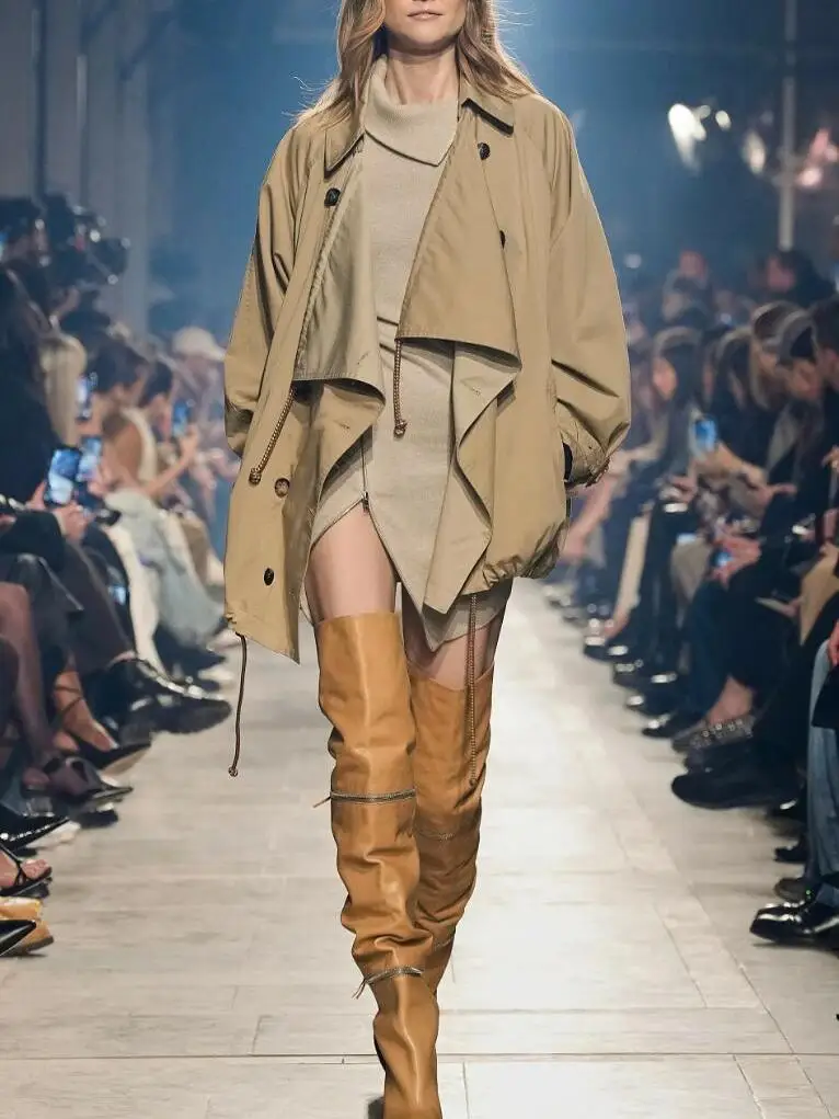 

Spring Autumn Trendy Lapel Oversized Double Breasted Dstring Cotton Twill Fabric Coat Commute Sle Long Sve Midi Length