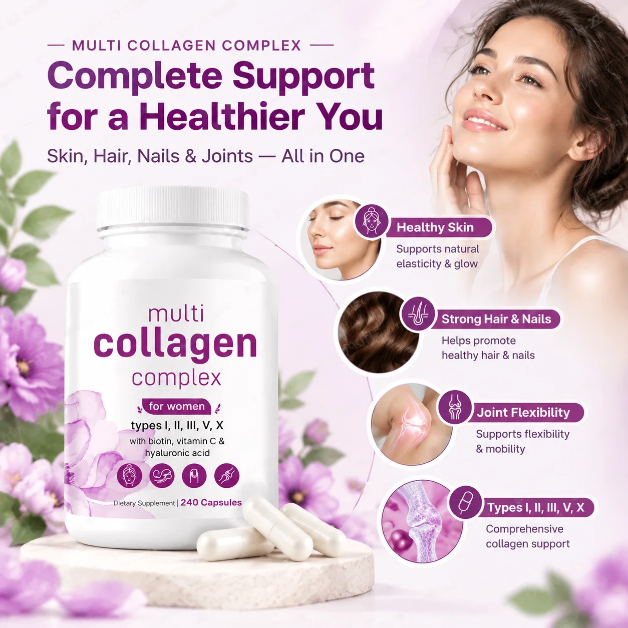 Multi Collagen Complex Capsules,Skin Elasticity, Strong Hair & Nails Joint Flexibility, Types I II III V X Biotin, 240 Capsules