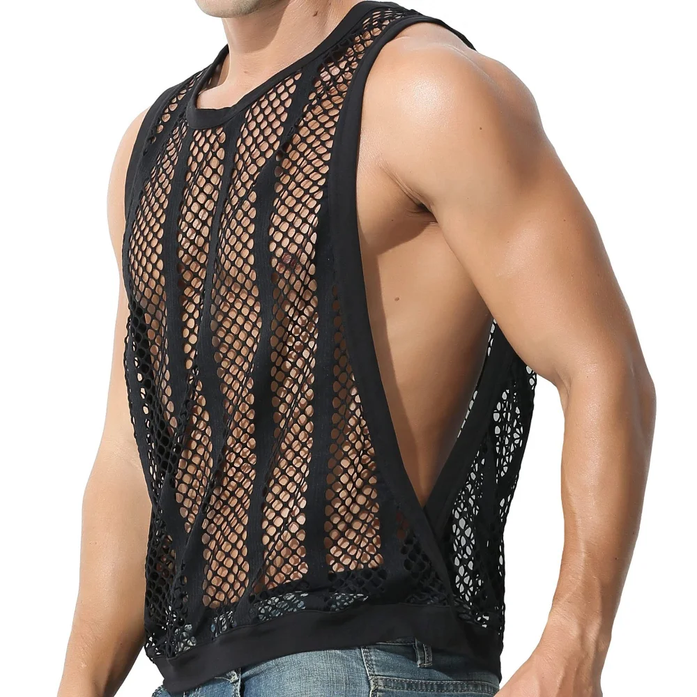 Stretch Large Size Mesh Tops Men\'s Casual Hollow Out Sexy Vest Streetwear Men\'s Muscular Tank Tops Gym Clothing