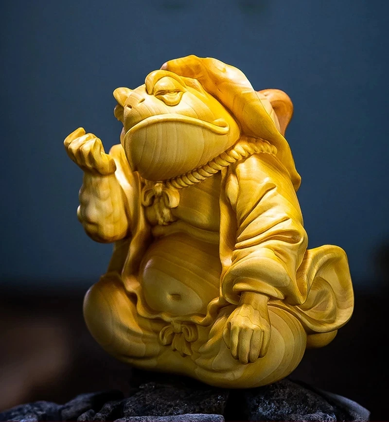 

6CM Tall Lucky Frog Boxwood Sculpture Animal Figurine Wood Carving Statue Feng Shui Home Decor
