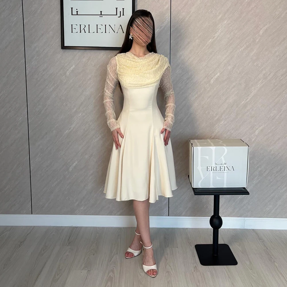 

Elegant Lace Long Sleeves Midi Evening Dress for Women Customized Crew Neck Jersey Knee Length A-Line Party Dress High Quality