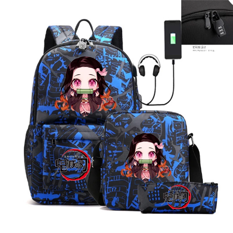 3pcs Demon Slayer Nezuko Backpacks Teens Nylon Rucksack Girl Boys Travel Backpack Women Shoulder Bag High School Schoolbags