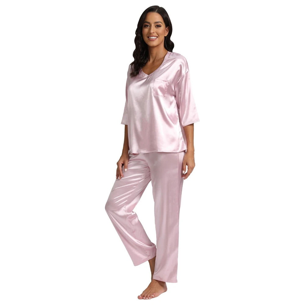 Womens Silk Satin Pajamas Loungewear Two-piece Sleepwear Pj Set