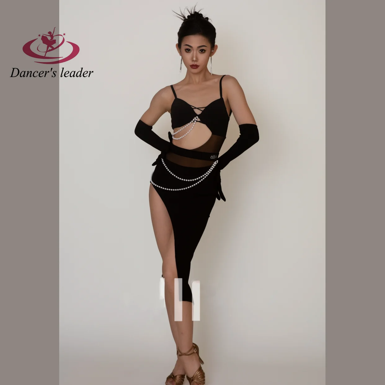 Latin Dance Suit Pearl String Dance Practice Performance Suit Black Dance Practice Performance Art Test Female