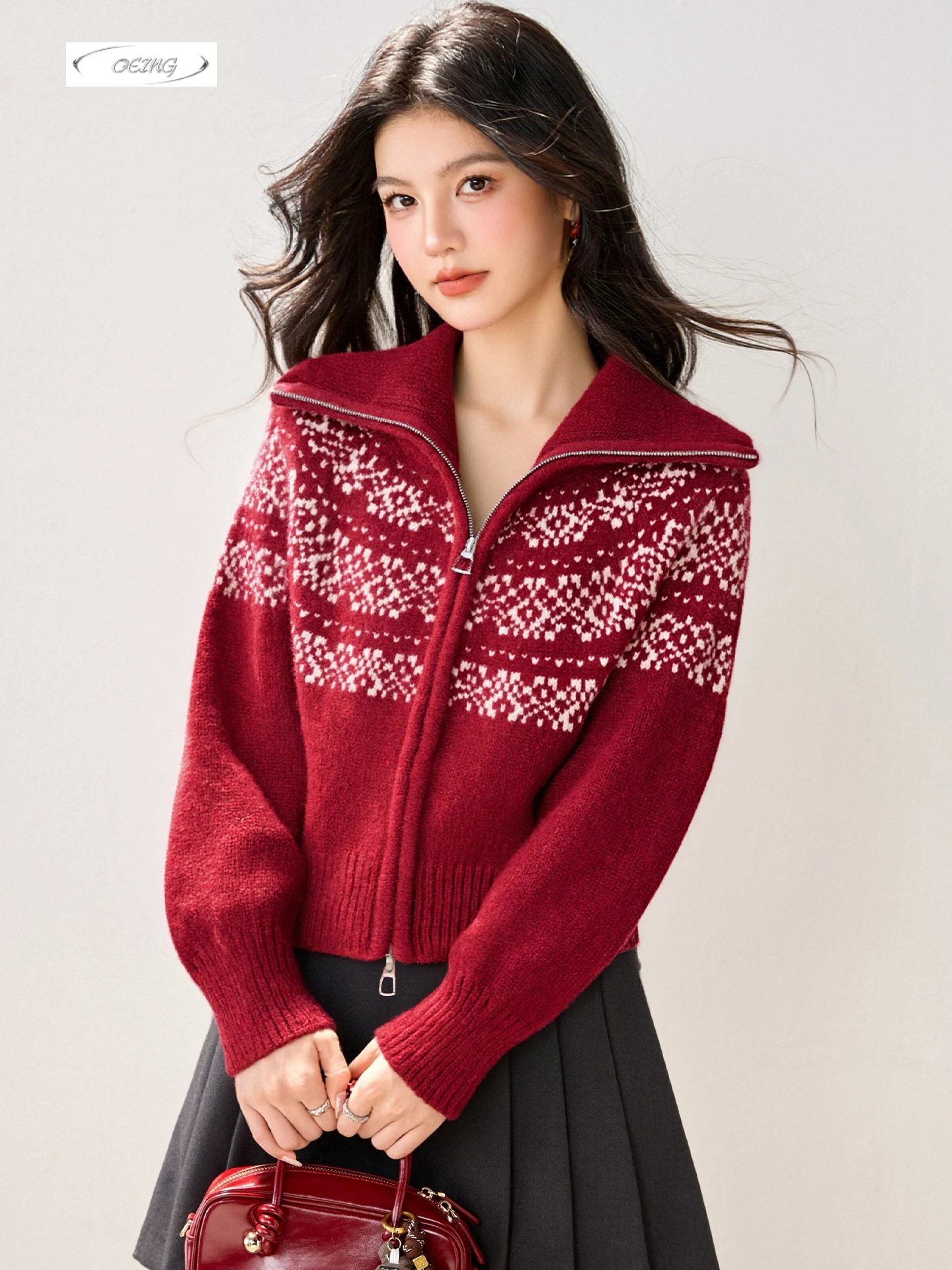 

Жаккардовый свитер с двойной молнией в стиле ретро для женщин, осень-зима, красный толстый кардиган, вязаное пальто, новогодние свободные топы 8617