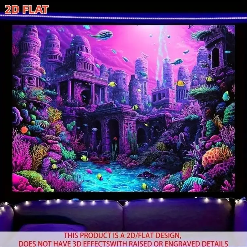 VIKAMA Underwater Ancient Ruins Tapestry Coral Fish Ocean Polyester Wall Hanging Aesthetic Bedroom Dorm Living Room Home Decor