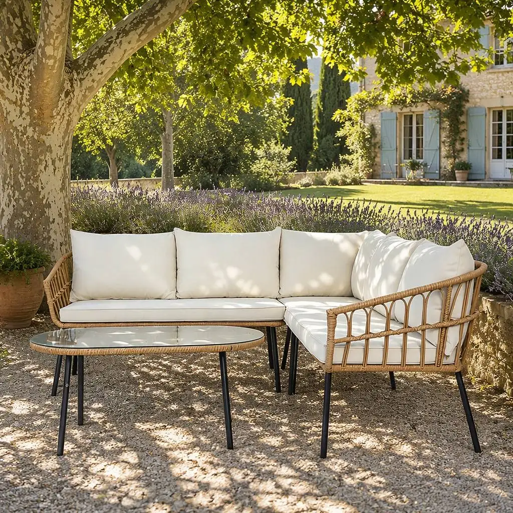 Natural Corner Sofa Outdoor Patio Set Sectional With Glass Top Oval Table and Black Metal Legs for Backyard Deck