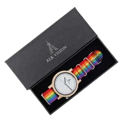 ALK Vision Wood Watches Pride LGBT Rainbow Watch Luxury Brand Women Mens Wooden Clock Nylon Canvas Fashion Casual Wristwatch