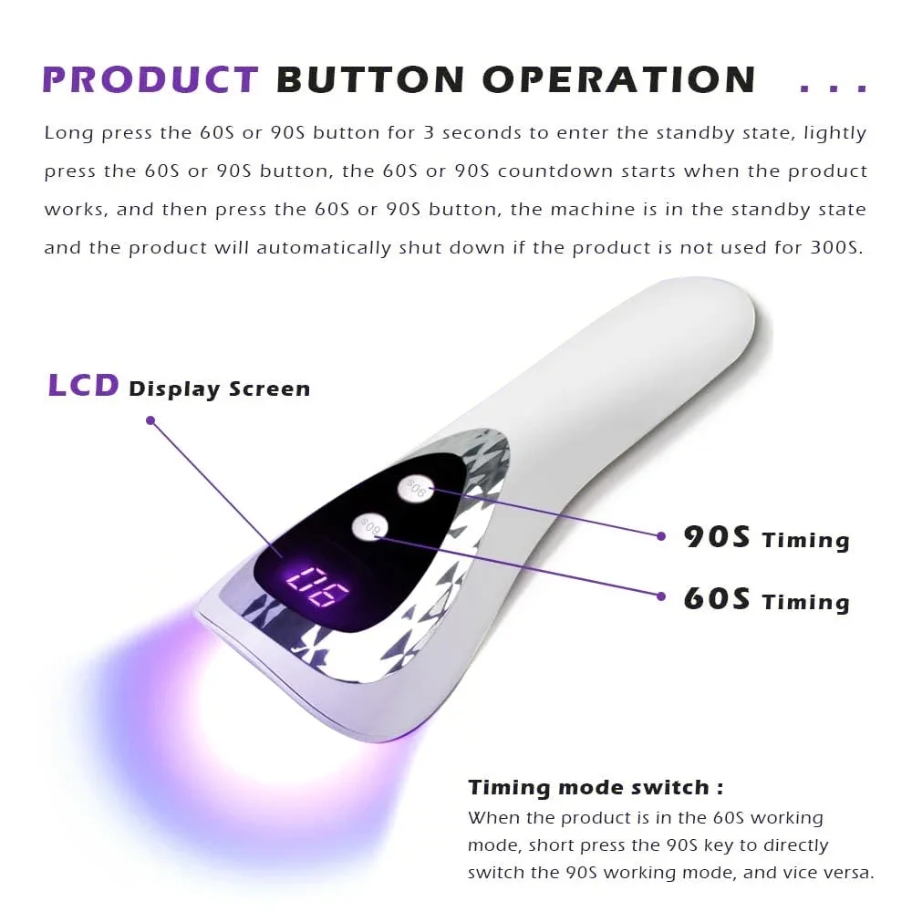 Handheld LED UV Nail Lamp Rechargeable Nail Dryer with 5 Lamp Beads Fast-Dry Machine Portable Home DIY Salon Manicure