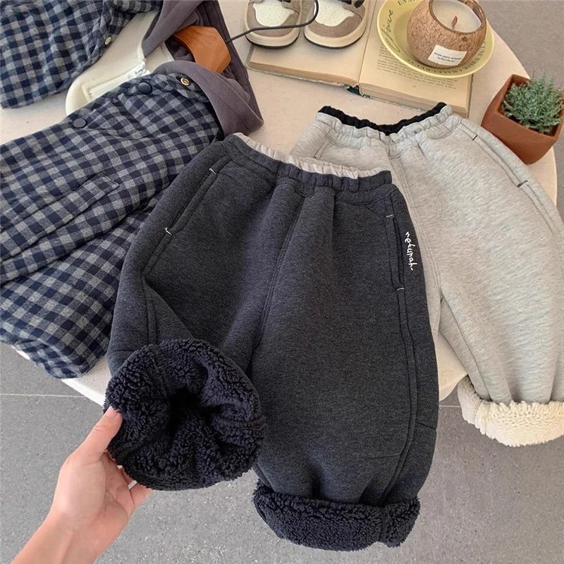 Boys Thick Warm Pants Autumn Winter Kids Solid Loose Joggers Trouser Children Fleece Straight Pants Casual Sweatpants 1-8 Years