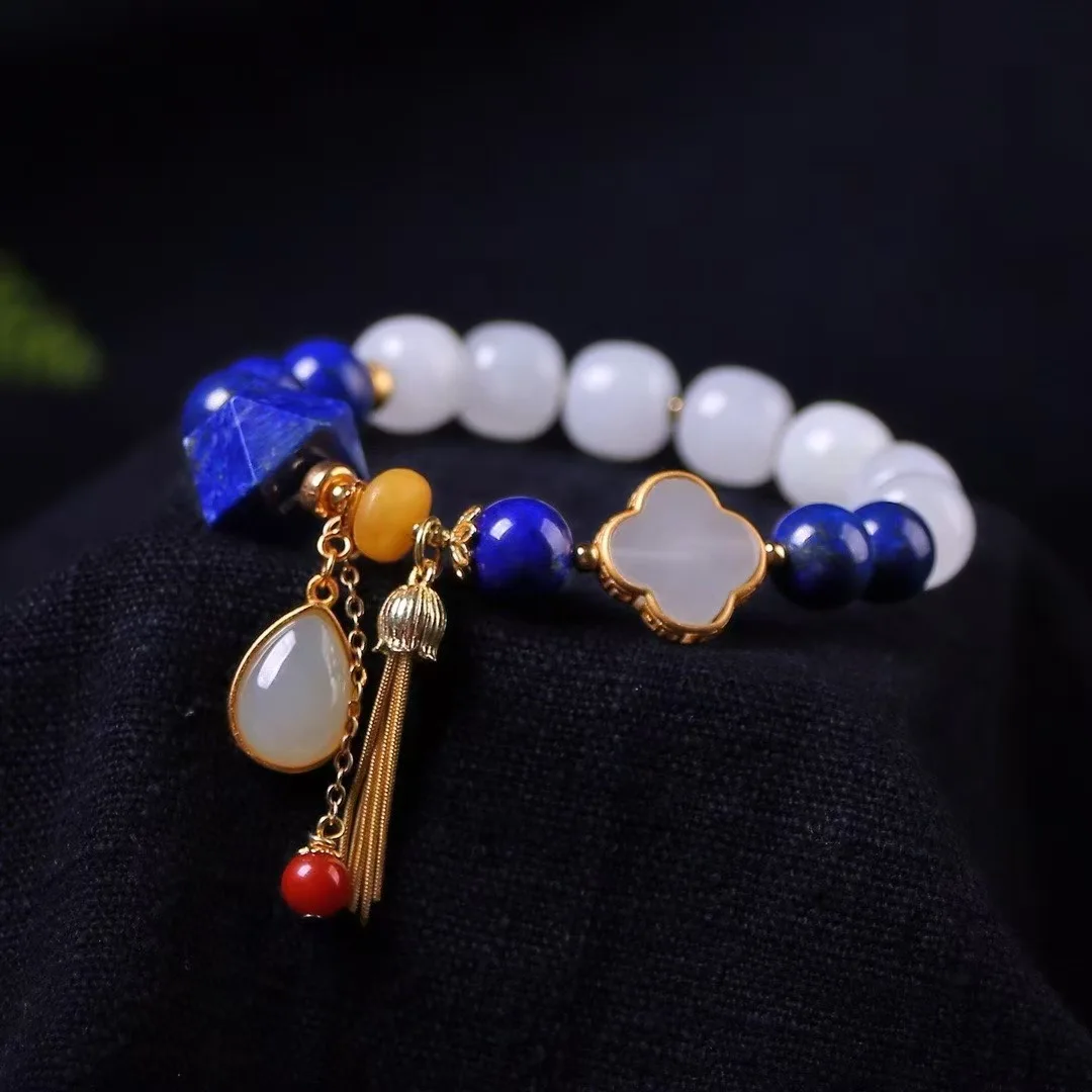

Браслет из натурального лазурита и нефрита Хэтянь, подвеска из четырехлистного клевера с пресноводным жемчугом и красным агатом, энергетические украшения из бисера