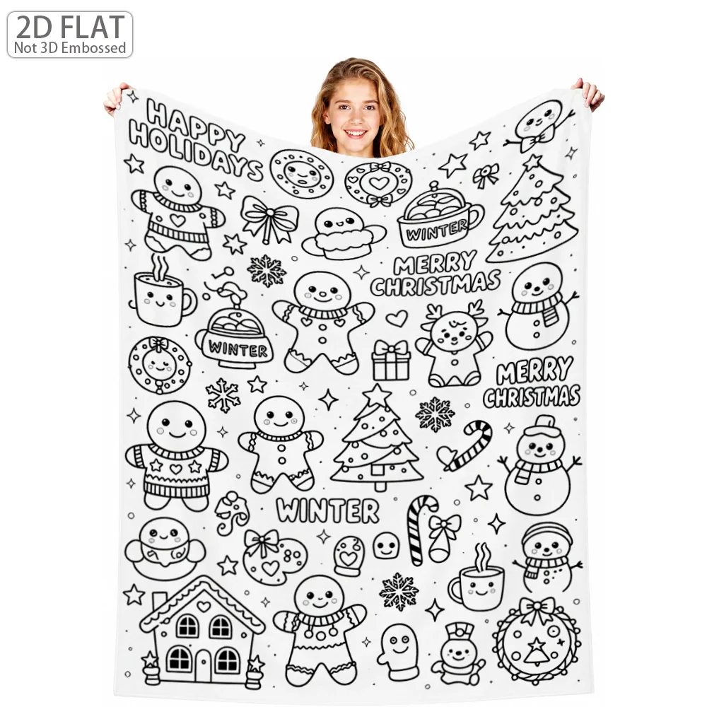 1pc 2D Flat Christmas DIY Coloring Blanket, Cute Cartoon Line Art with Gift Boxes, Xmas Tree, Gingerbread Man, Sleigh,Snowflakes