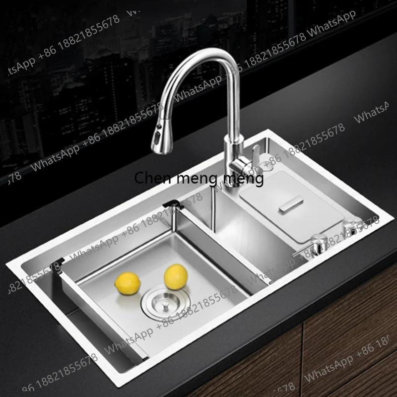 

SUS 304 Stainless Steel Kitchen Sink 4mm Thickness Handmade Brushed 4 Hole Single Large Size With Trash Can Kitchen Sinks