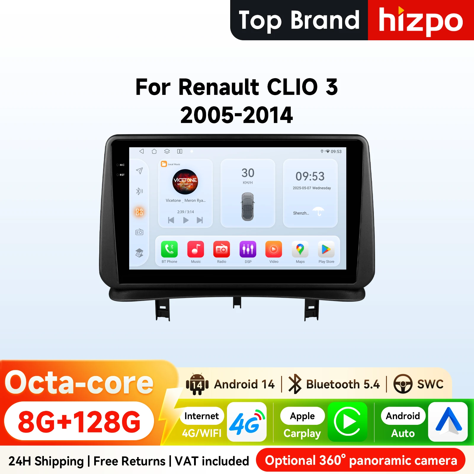 Hizpo 2Din 9 pouces Android autoradio pour Renault Clio 3 2005 - 2014 Snapdragon 6115 RDS DSP 4G Auto CarPlay GPS Navigation 360 ° CAM