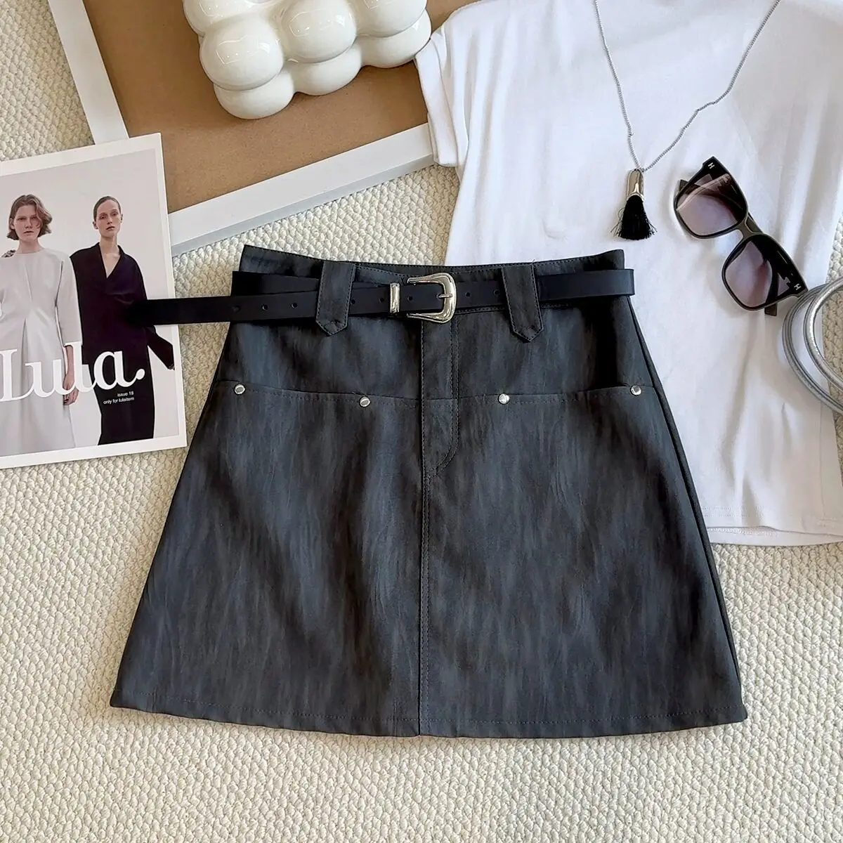 Winter New Retro Pu Leather Skirt Hip-wrapped Skort for Women High Waist Anti-light Skirt
