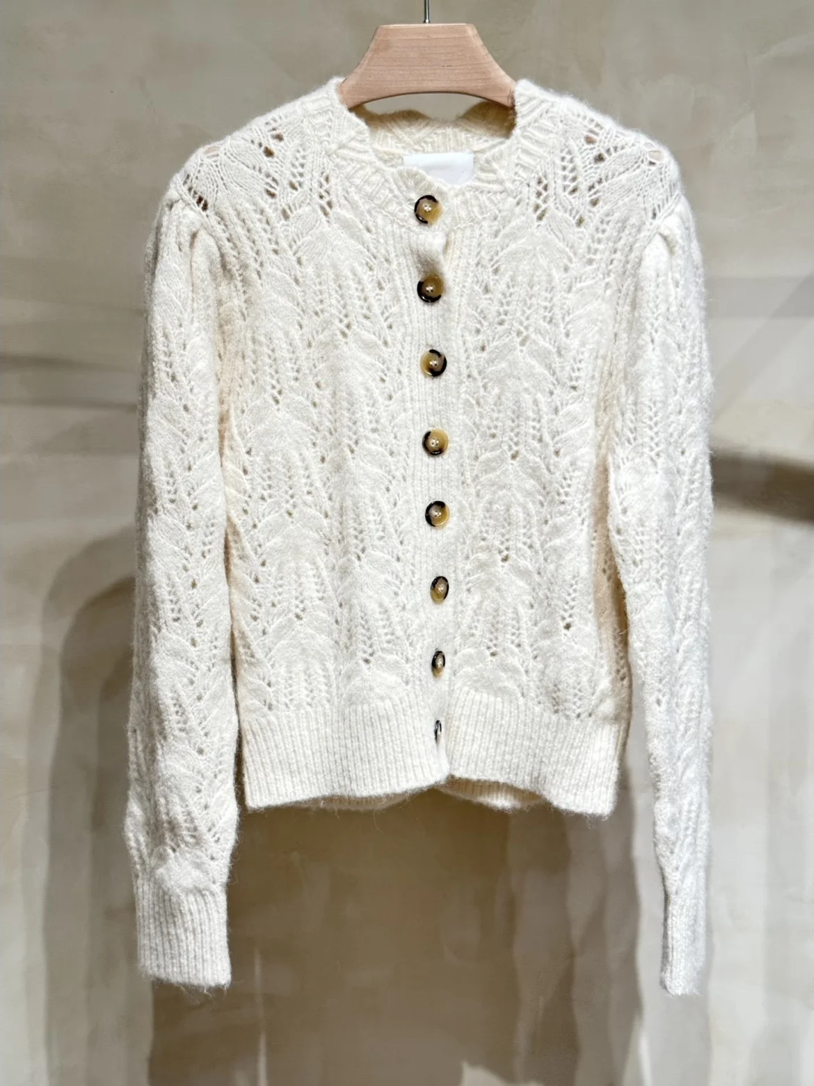 

Women's Knitted Long Sleeve Open Cardigan Soft Beige Hollow out Crochet Autumn Winter Fashion Gentle Style Button Closure