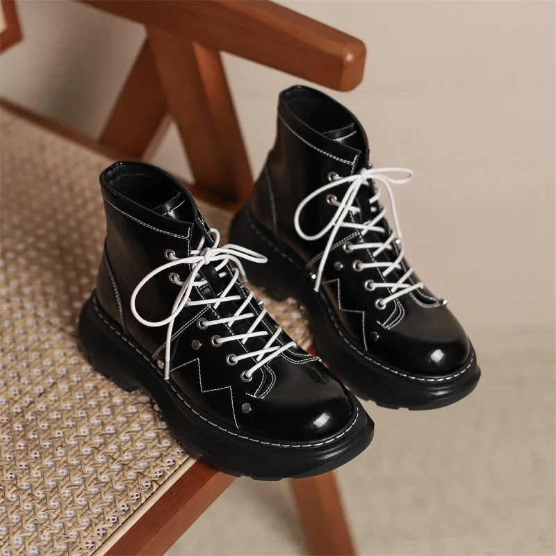 Genuine Cow Leather Fashion  mcqueen martin boots   Platform Ankle Boots Women's  Autumn Black Boots Riding Women's Shoes