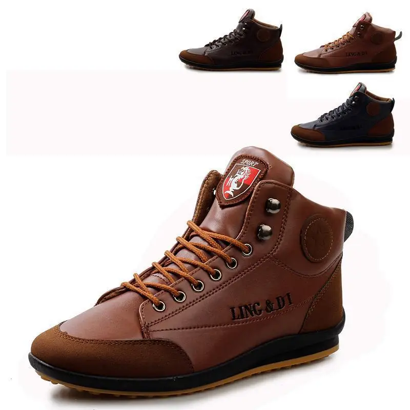 2022 new Men\'s Fashion Casual Leather Boots Lace Up Flats High Top Sneakers Ankle Boots Casual Sneakers