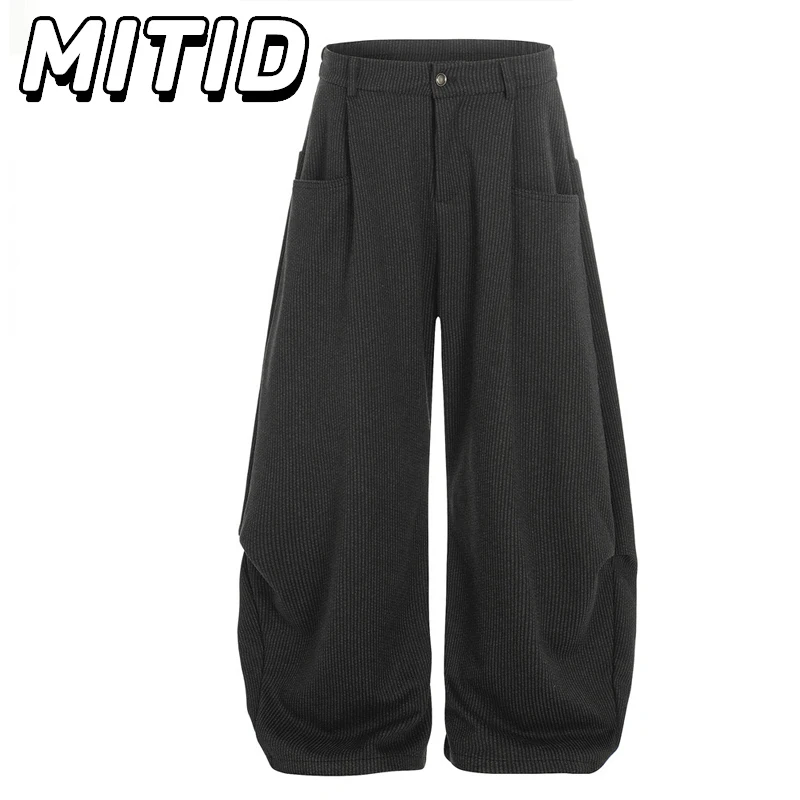 

High Street Wide Leg Pants Men Fashion Casual Curved Knife Trousers Men Hip Hop Streetwear Pleated Baggy Pants Women