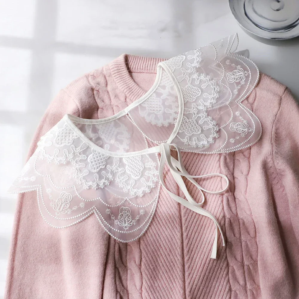 

Women Embroidery Doll Collar Detachable Shirt False Collar New Chiffon Lace Fake Collar Blouse Tops Office Ladies Accessories