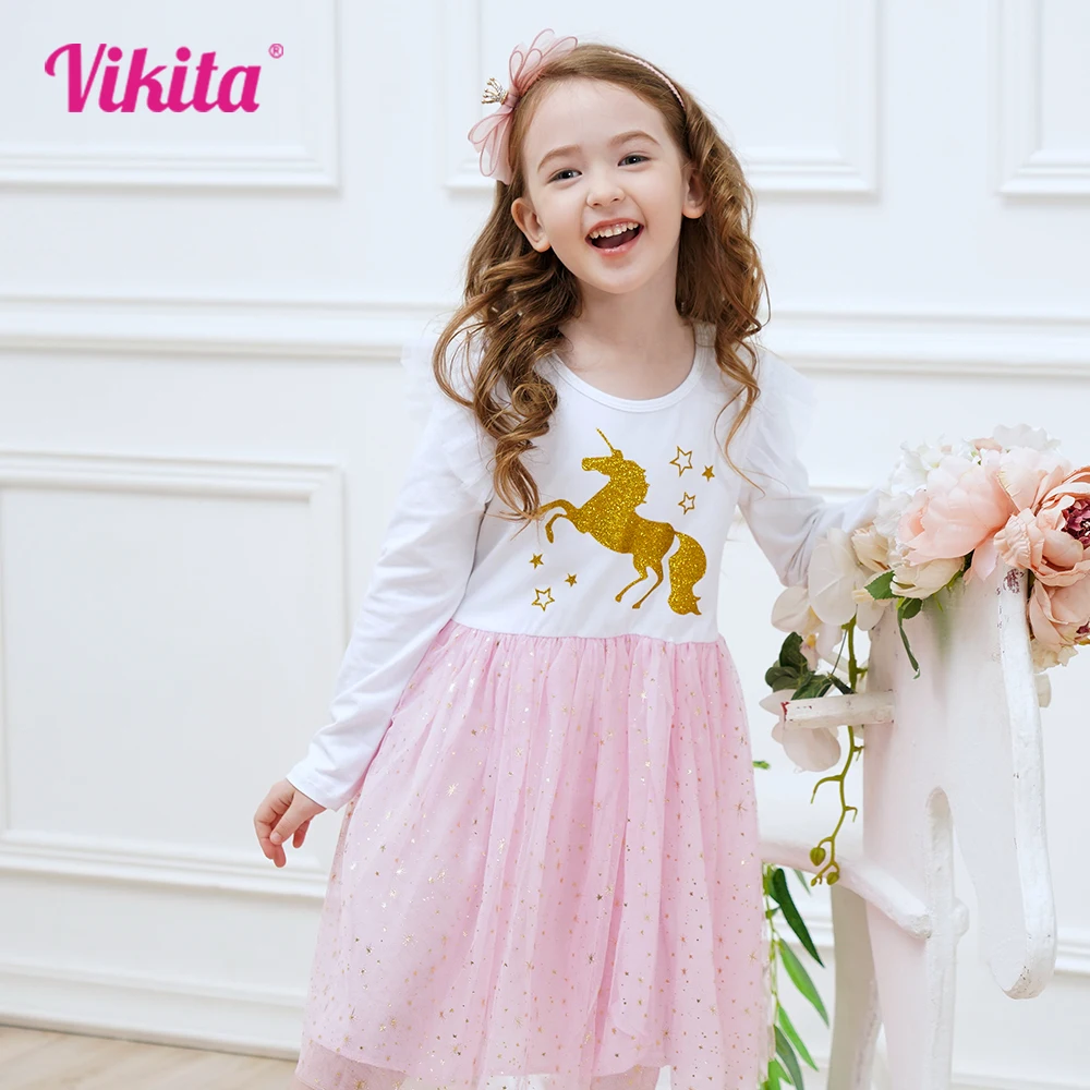 VIKITA Girls Flare Sleeve Autumn Spring Patchwork Dress Kids Licorne Star Sequins Shiny Princess Party Casual Daily Pink Dresses