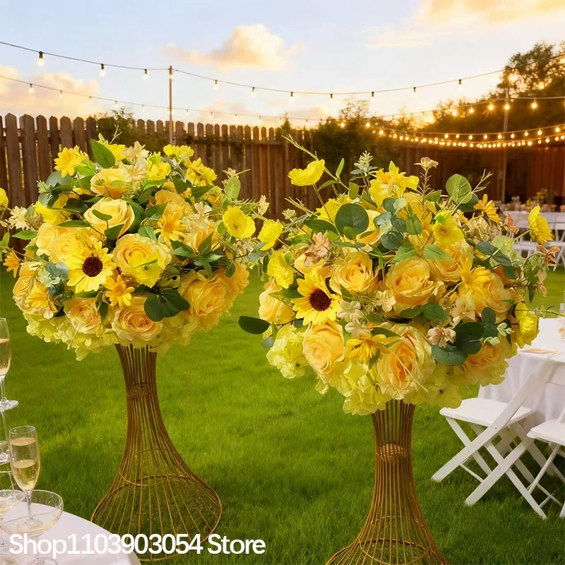 Gelbe Rose Sonnenblume Grünpflanzen Künstliche Tischdekorationen Blumenball Rasen Hochzeitsempfang Dekoration Event Bankett Party Requisiten – Detail 1