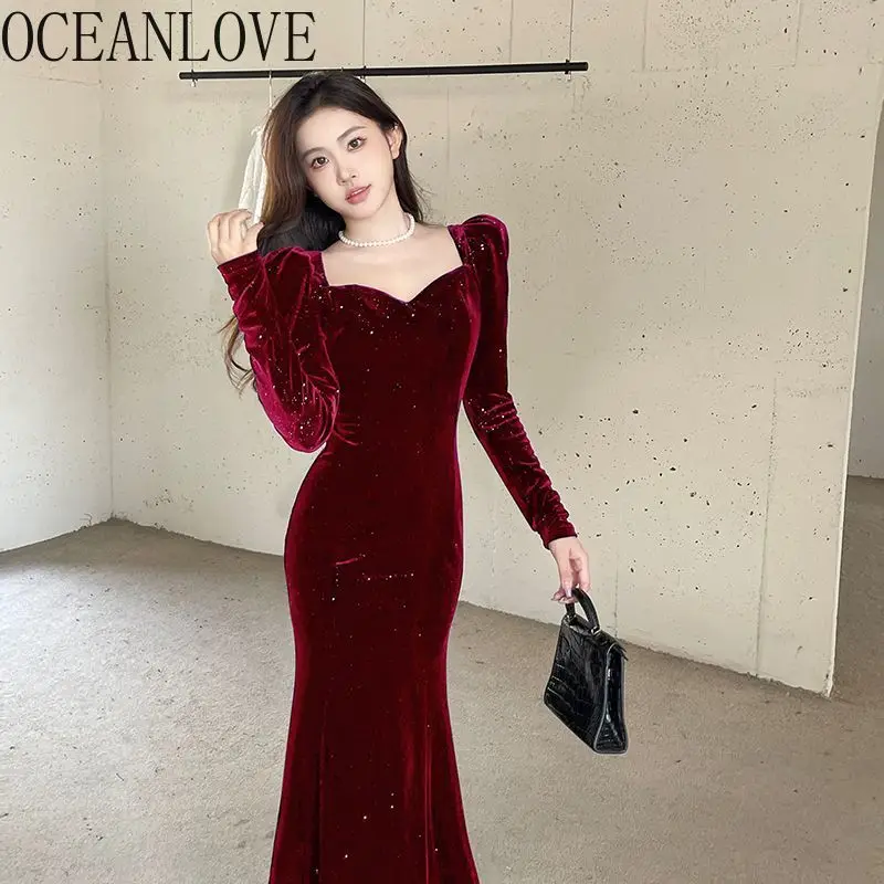 

OCEANLOVE новогодние платья русалки для женщин вельветовые оборки Осень Зима Vestidos Mujer корейская мода Элегантное Длинное Платье