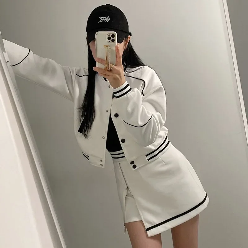 VIPOL Autumn Varsity Jacket + Skirts Sets Women 2023 New Outerwear Two Piece Sets Y2k Jackets and Skirt American Baseball Suit