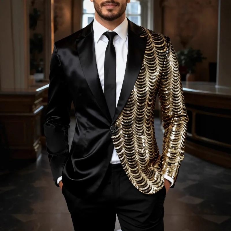 Mens Gold Wave Sequin Patchwork Blazer Formal Party Wedding Stage Suit Jacket