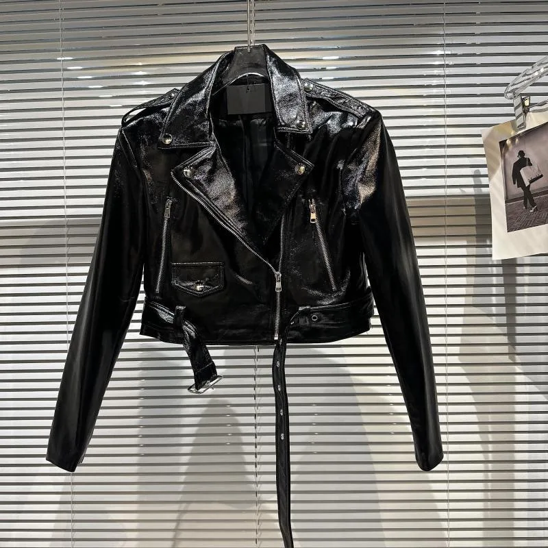 Girls Leather Jacket Autumn New PU Leather Jacket Motorcycle Glossy Patent Leather Short Jacket Trendy