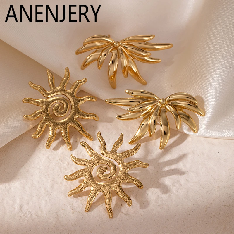 ANENJERY 316L Edelstahl Sonnen-Ohrringe mit unregelmäßigem Blatt-Design für Damen, Persönliches Nischendesign, Modeschmuck, Geschenk, Großhandel
