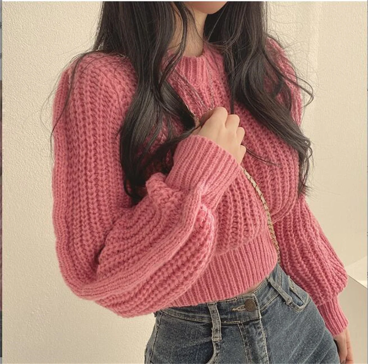 Puffy Sleeve Knit Top Women Vintage Autumn Winter Solid Sweater O Neck Loose Casual Tops Soft Chic Elegant  Pullover 2024 New