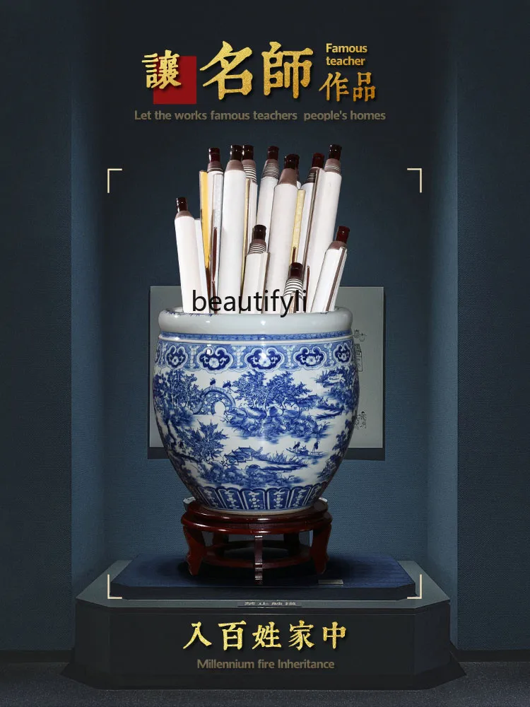 Ceramic Blue and White Porcelain Painting and Calligraphy Cylinder Scroll Cylinder Storage Container Study Vase