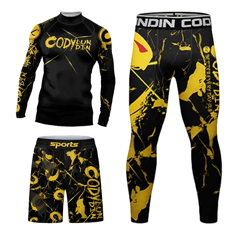 الذهب الأصفر Rashguard MMA تي شيرت + السراويل MMA السراويل 4 قطعة/المجموعة البرازيلي تصارع جيو جيتسو Bjj الملاكمة الفانيلة ضغط مجموعات