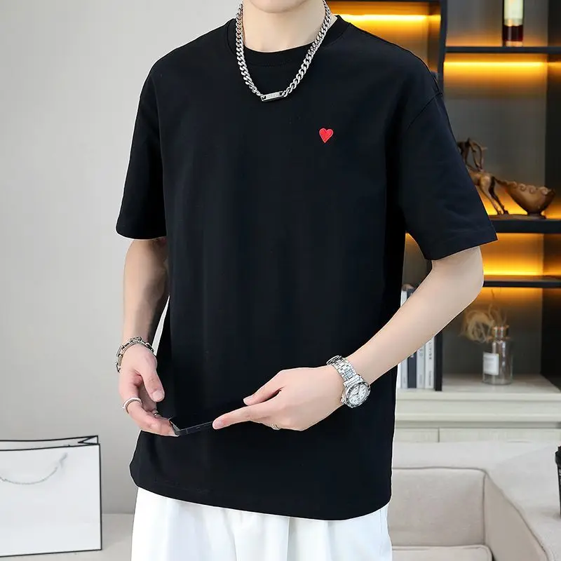 

Love Cotton Printed Men's Half-sleeved Solid Color Round Neck T-shirt Ins Summer Fashion Trend Couple Women's Short Sleeves
