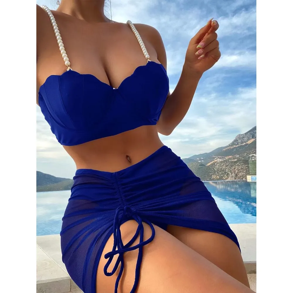 

Женский купальник Cikini-Three-Piece, монохромный, солнцезащитное бикини, сексуальные пляжные купальники, купальный костюм на лето