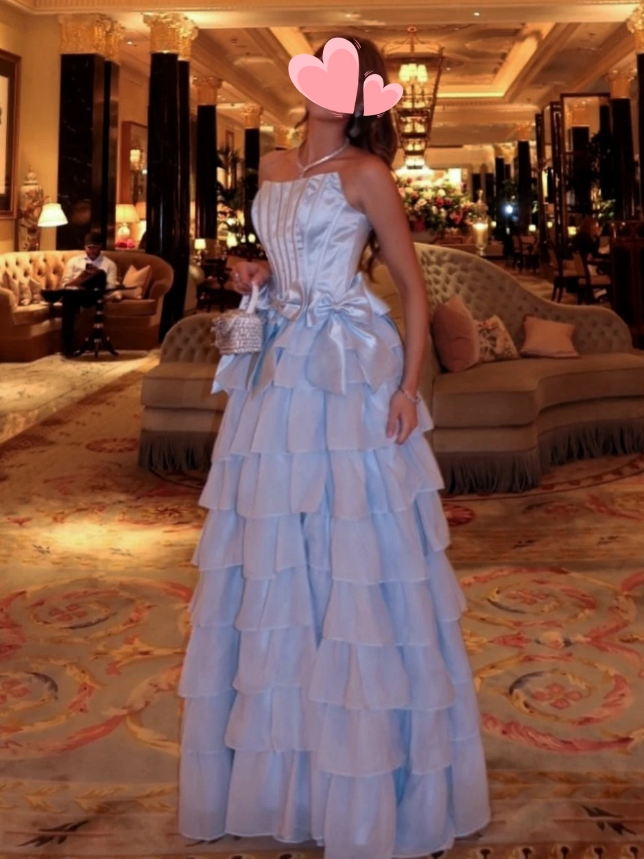 

Oisslec Prom Dress Elegant Vintage Sweet Blue Bow Chiffon Princess Customized Formal Occasion Prom Dress Evening Party Gowns