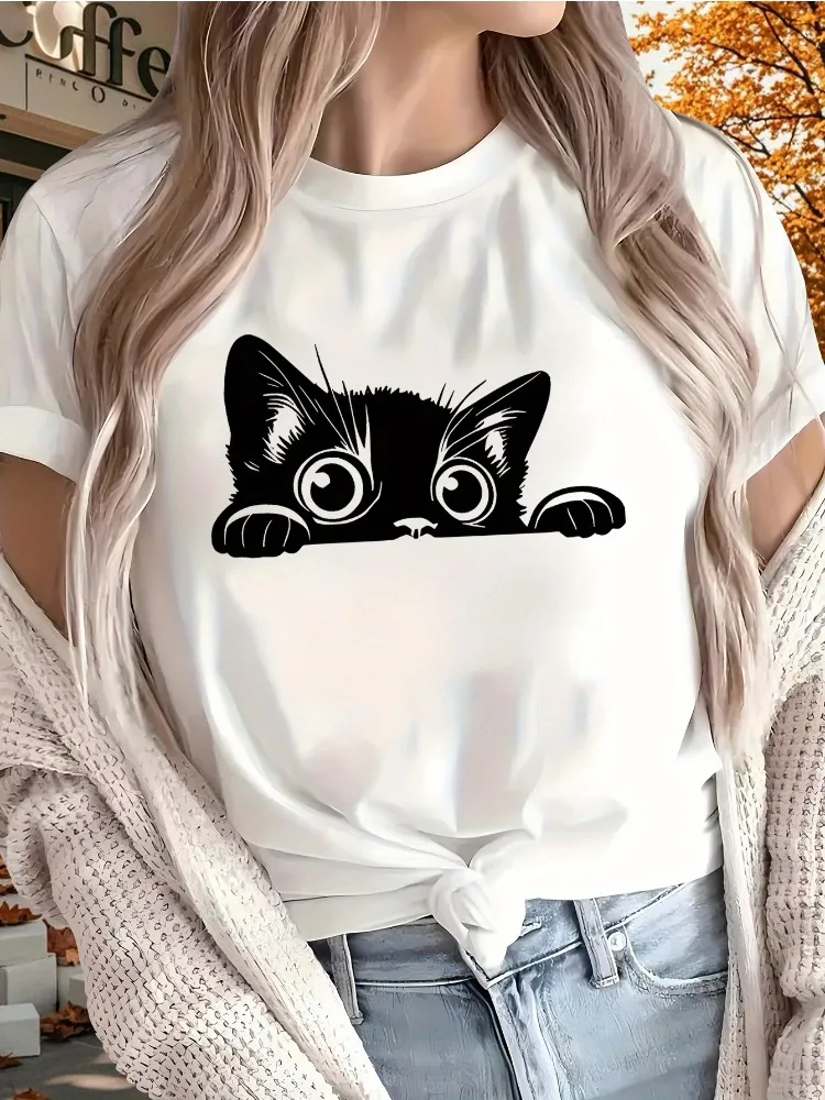 

Playful Cat Print Women's T-Shirt Casual Crew Neck Fashionable Comfortable Top Cotton Short Sleeve Y2K Style Oversized Top