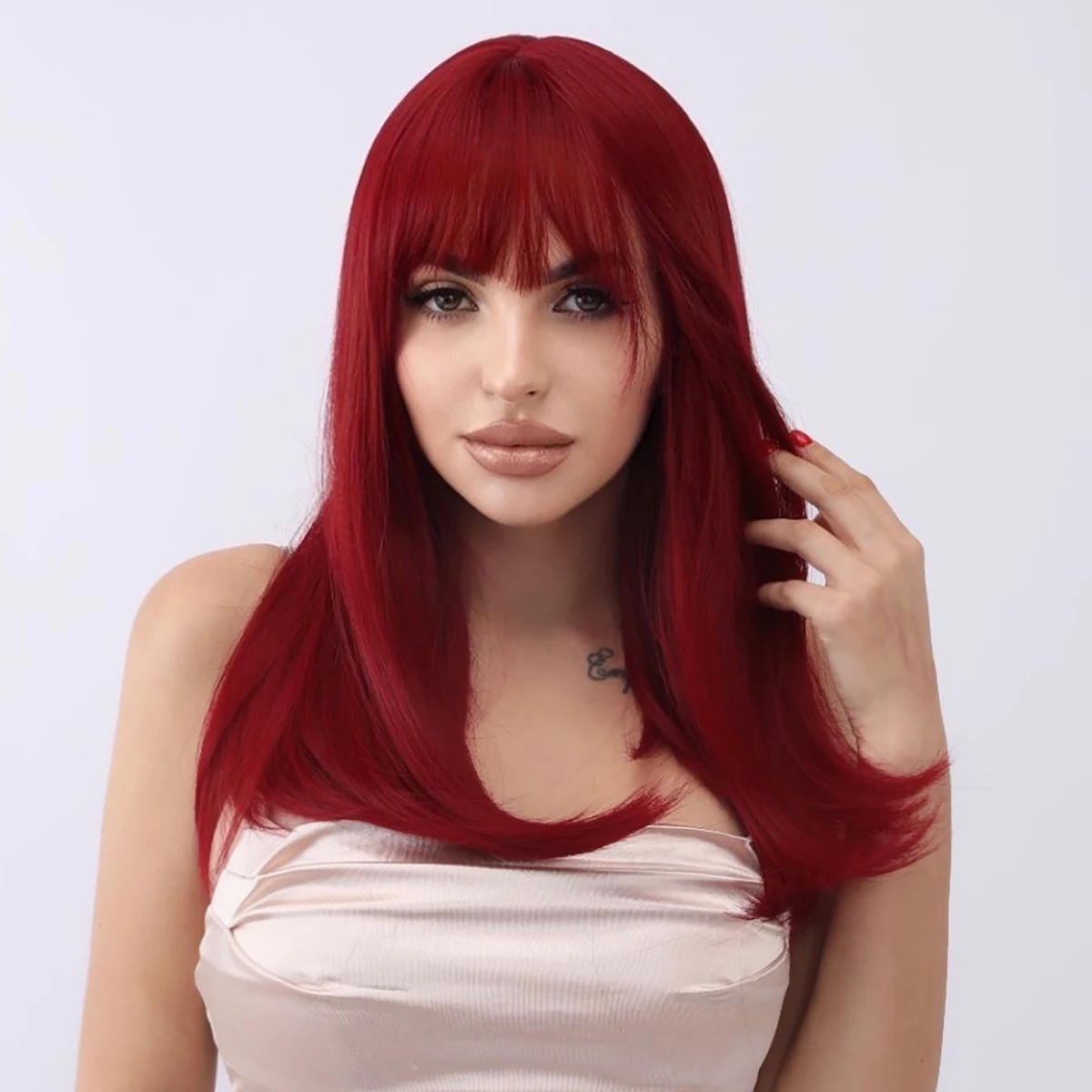 Wine Red Light Color Straight Bang Bob Wig For Women Natural Synthetic Fiber Wigs Daily Cosplay Party Heat Resistant Fiber Hair image 2