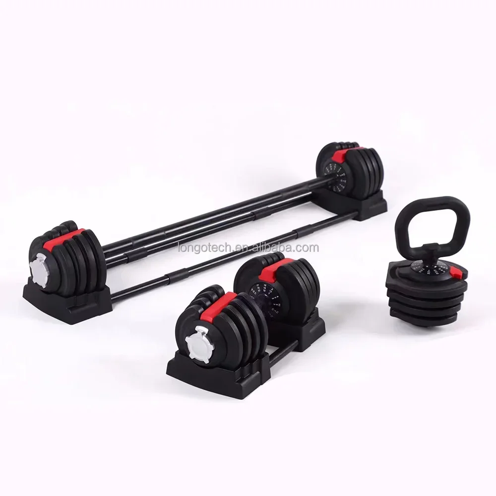 Longotech Multi Functional Free Weights Weightlifting Fitness 3-In-1 12 Gear Adjustable Dumbbell Kettlebell Barbell Set