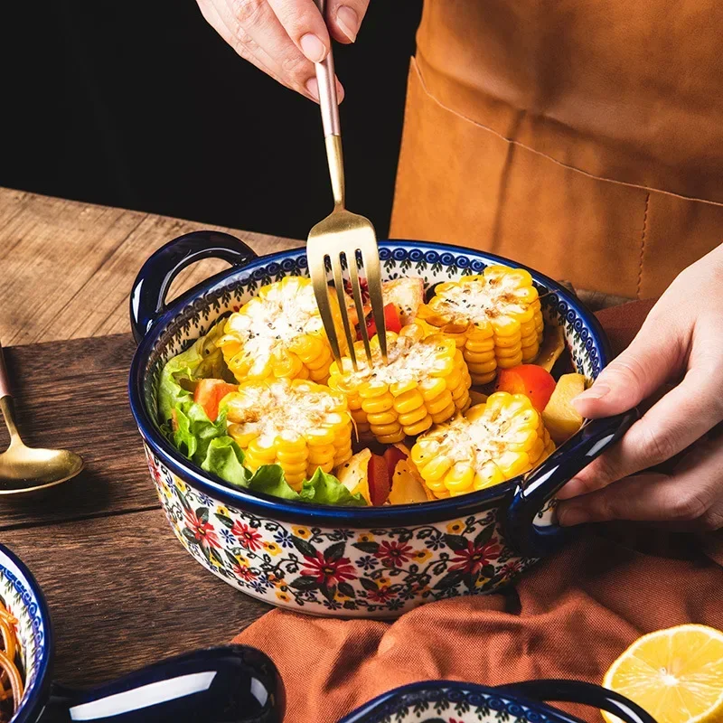 Imagem -05 - Bandeja de Panificação Cerâmica Floral Pintada à Mão Tigela de Salada de Frutas Frutas e Salada Utensílios de Cozinha Alívio da Orelha Dupla