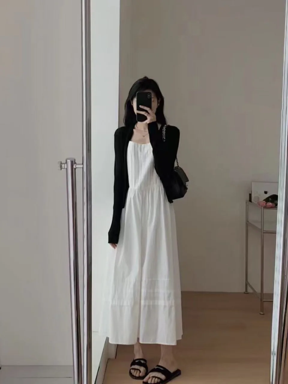 2023 New Retro Hepburn Sle White Strap Dress And Black Knitted Cardigan Two-Piece Set Women's Clothing Cotton Lantern Sleeve