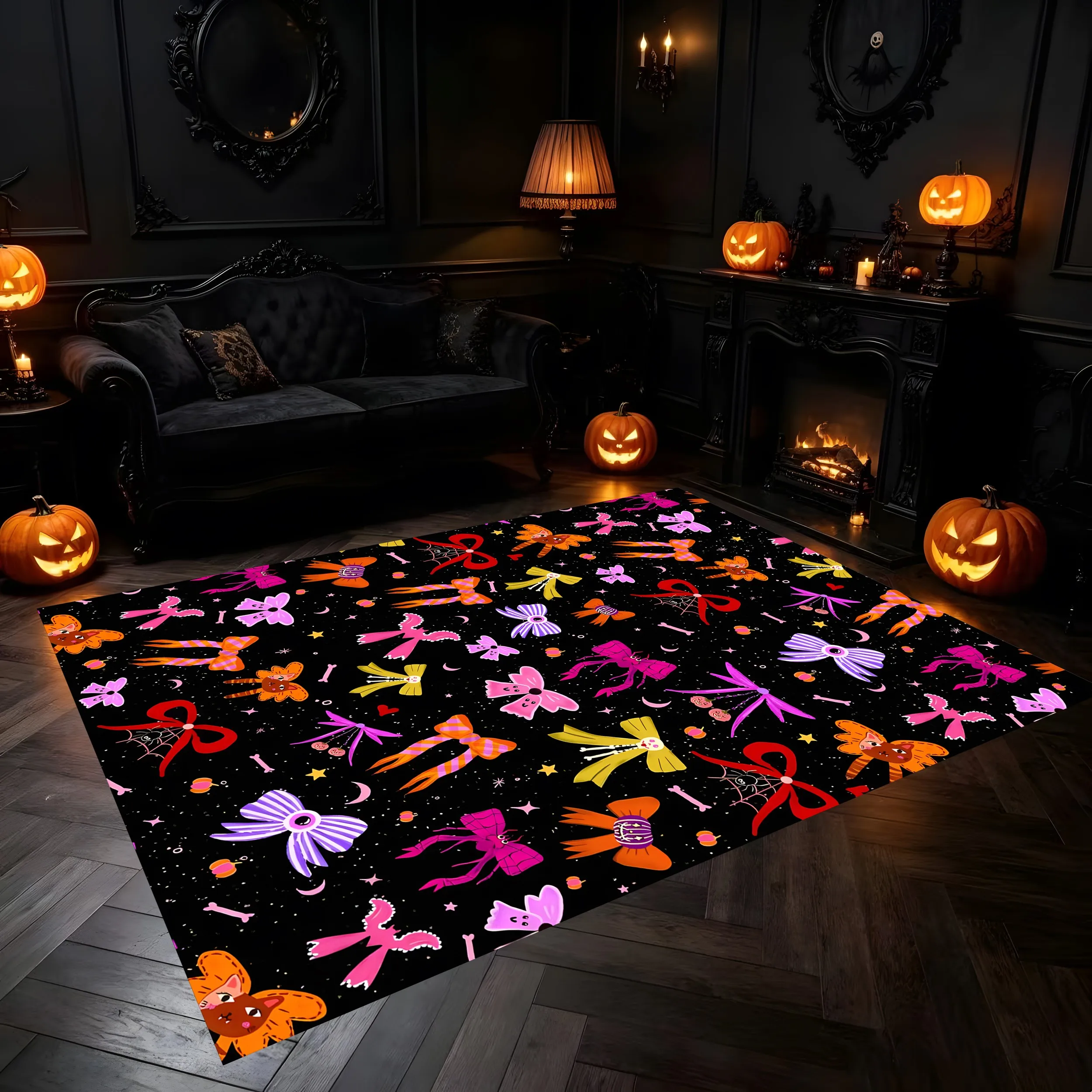 Colorful Bow Star Moon Bone 2D Area Rug in Sweet Cool Dark Style for Living Room and Bedroom, Halloween Party Decor