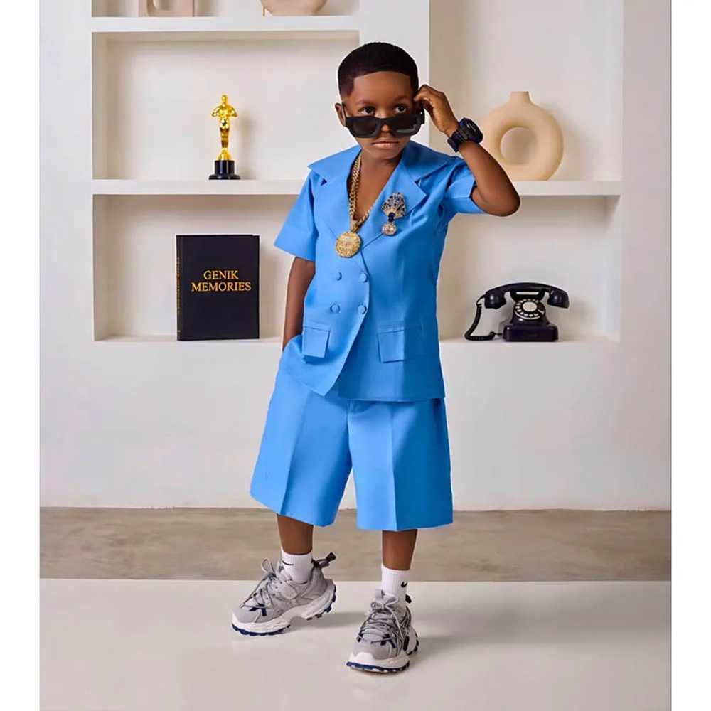 Boys Short Sleeve Suit 2 Piece Double Breasted Blazer Shorts Kids Summer Formal Outfit Costume For Daily Casual Party Wear