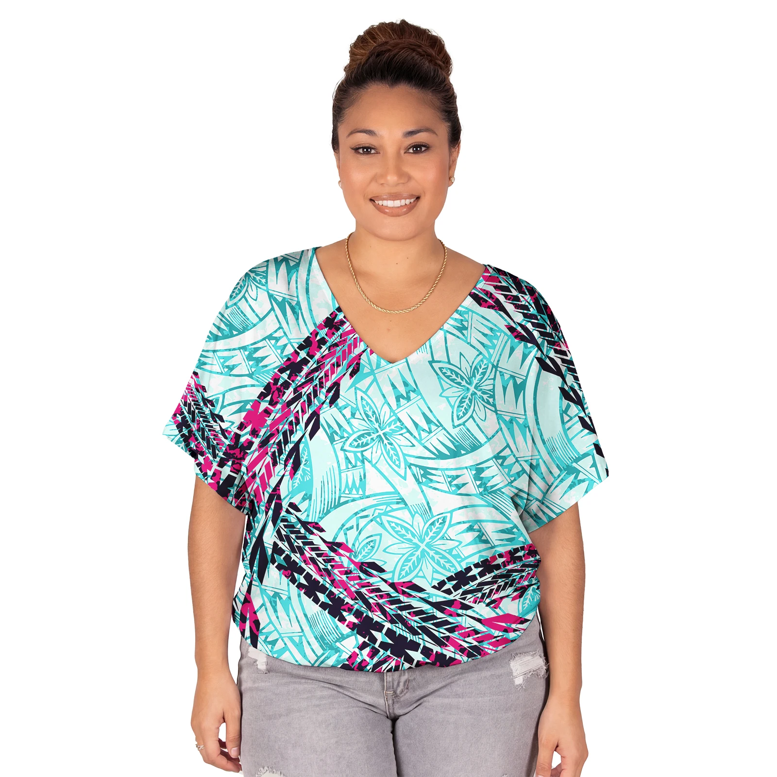 Samoan Plus Size T-Shirts Hawaiian V-Neck Bat Sleeve Off Shoulder Casual Tops Polynesian Creativity Print Women Clothes Custom