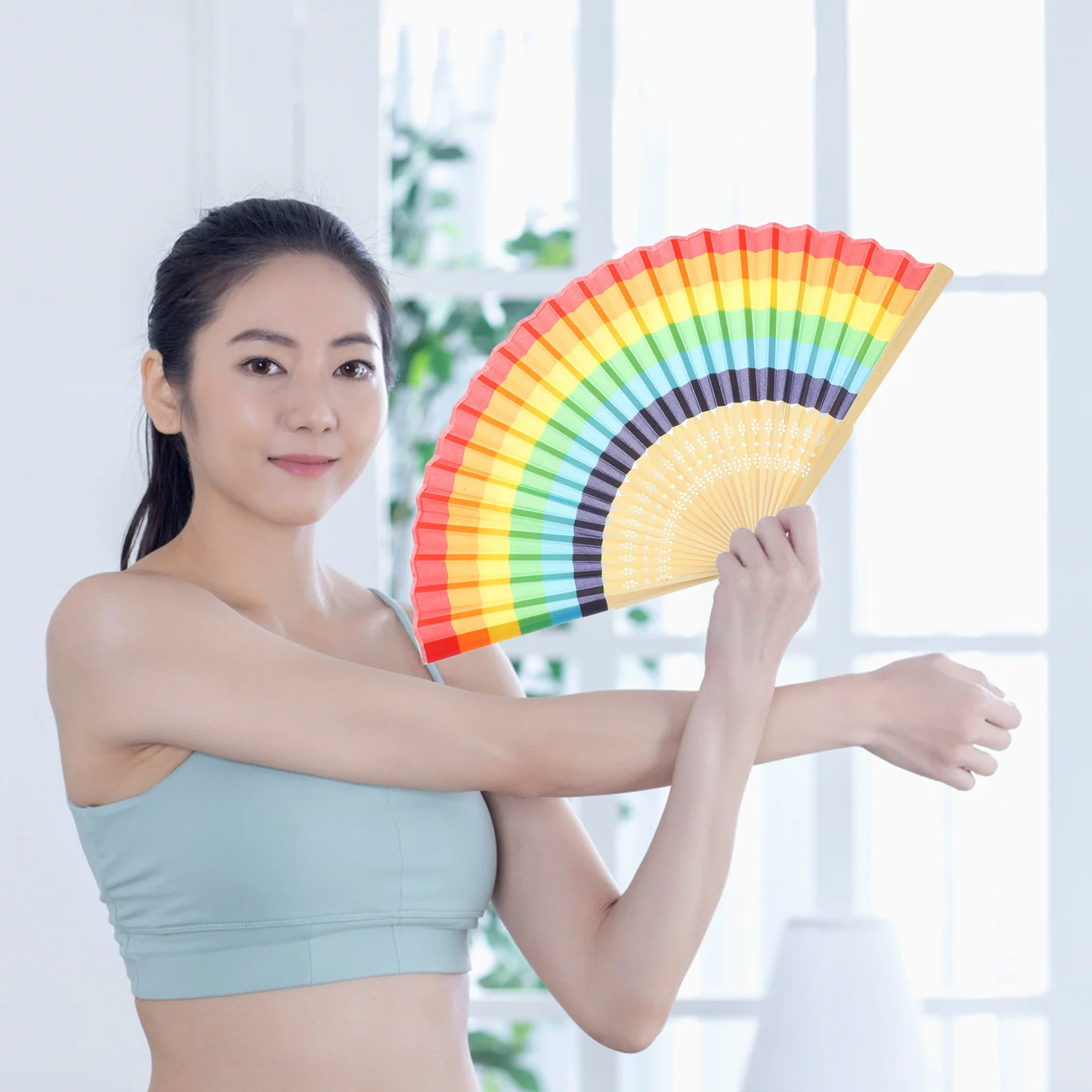 

Chic Rainbow Folding Hand Fan Bamboo Fabric Portable Cooling Summer Dance Photography Wedding Props Hand Fan Fans for Wedding