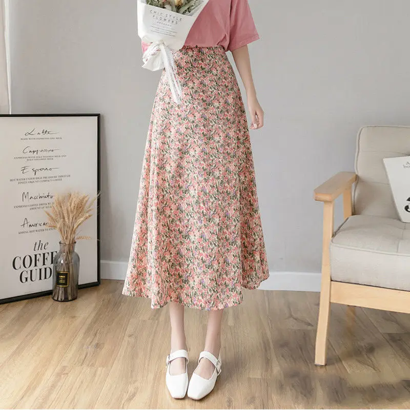 Summer Korean Elegant Floral High Waist Chiffon Skirt Women\'s Clothing Fashion A-Line All-match Printed Midi Skirts for Female